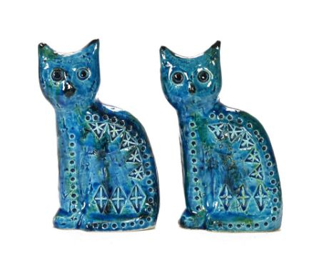 A pair of blue glazed ceramic cats by Flavia, Montelupo Italy, 1960's.  Height 16 cm. (see illustration).