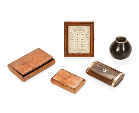 A 19th century birds eye maple snuff box, with hinged cover.  8 cm wide together with a second smaller birds eye maple snuff 