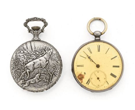 A vintage Bentima pocket watch decorated with a hunting scene, and another.