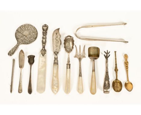 A collection of silver and plated cutlery and other items, to include a miniature circular bedroom mirror, mother of pearl le