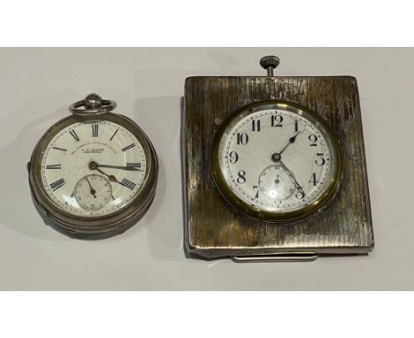 A George V silver strut type easel travelling clock, Birmingham 1916; a Victorian silver open faced pocket watch, Birmingham 