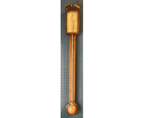 An early 19th century feather banded mahogany stick barometer, signed J.Wisker, York, the broken architectural pediment centr
