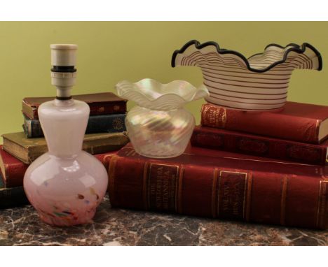 A Vasart type table lamp, the opaque pink glass ovoid base with a swirl of colourful canes, 17cm excluding fittings; a Loetz 