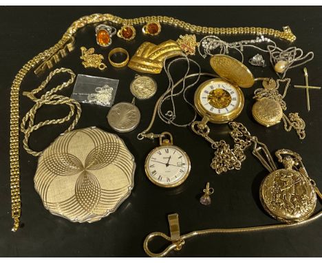 A selection of silver and costume jewellery, pocket watches and a tested 9ct gold amethyst pocket watch key, the watch key me