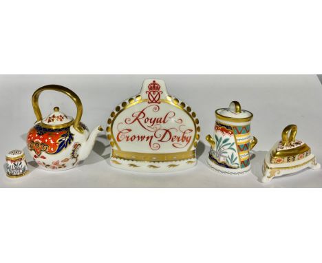A Royal Crown Derby miniature model, Milk Churn and cover, Tree of Life pattern, printed mark in red; a Thimble, Tree of Life