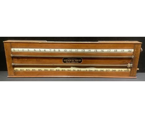 A Hennig Brothers Snooker/Billiards score board, rolling white painted  registers. brass slide indicators, marked Hennig Bros