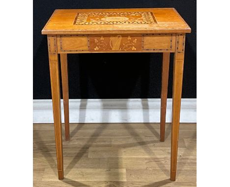 An Irish Killarney marquetry and parquetry low table, rectangular top inlaid with an oval reserve depicting Muckross Abbey, w