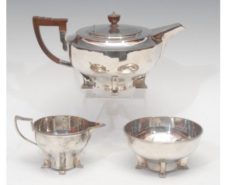 An Art Deco William Hutton &amp; Sons Electroplated/EPBM three piece teaset, comprising teapot, sugar bowl and milk jug, each