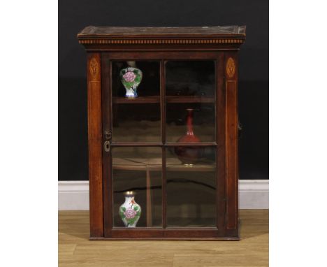 A 19th century mahogany and pine table-top china closet or vitrine, dentil parquetry cornice above a glazed door, flanked by 