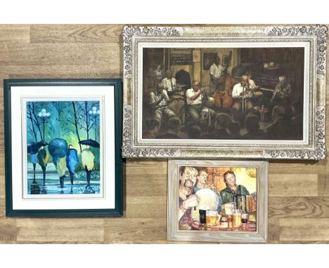 Peter J Maver, Preservation Hall, New Orleans, oil on canvas, 34cm x 59cm; Suzanne Mireault, Long Awaited Rain, signed oil on