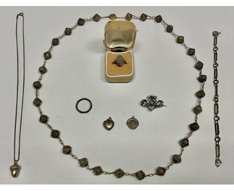A selection of silver jewellery,to include a tested silver gilt chinese? filigree flower design enamelled bead necklace, a te