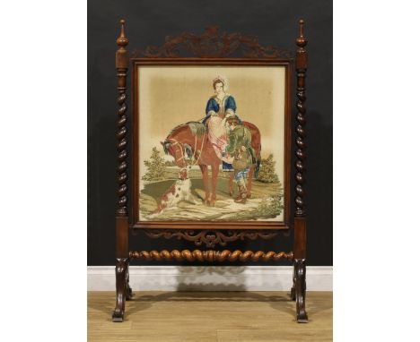 A Victorian rosewood fire screen, shaped cresting pierced with scrolling acanthus, spire finials, spirally-turned supports an