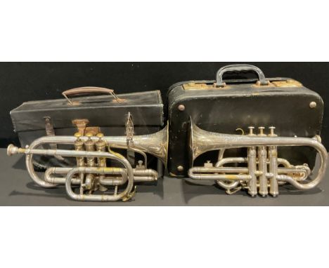 Musical Instruments - a Boosey &amp; Hawkes silver plated cornet, with two mouthpieces, 30cm long, lined hard case; a Besson 