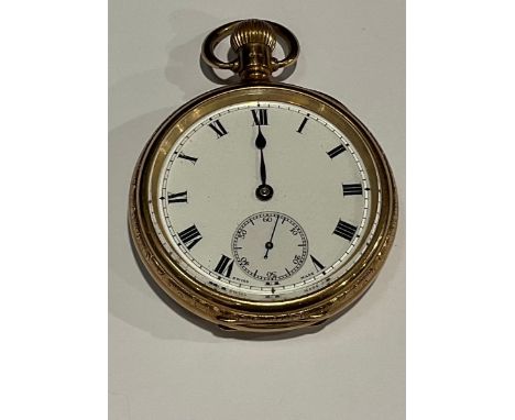 A George V 9ct gold open face pocket watch, by Dennison Watch Case Co. Ltd., enamel dial, Roman numerals, subsidiary seconds 