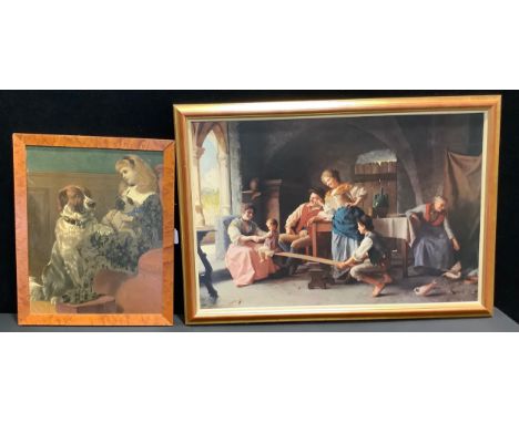A Victorian oleograph of a girl clutching a pug, 52.5cm x 40.5cm; another, after Giovanni Battista Torriglia, A Happy Family,