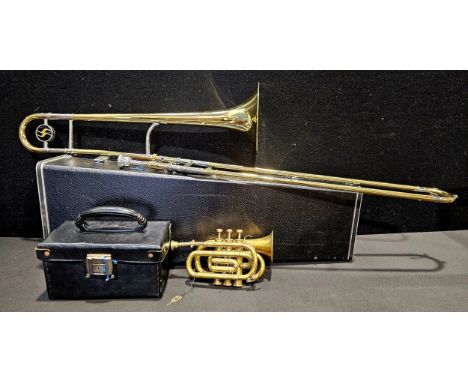 Musical Instruments - a Jupiter brass lacquer trombone, inscribed Lindsay Jane Bowden, with mouthpiece, hard case; an unmarke