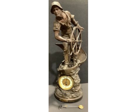 A large 19th century figural clock, as a Helmsman in rough waters, 9cm enamel dial, Arabic numerals, Japy Freres movement, wi