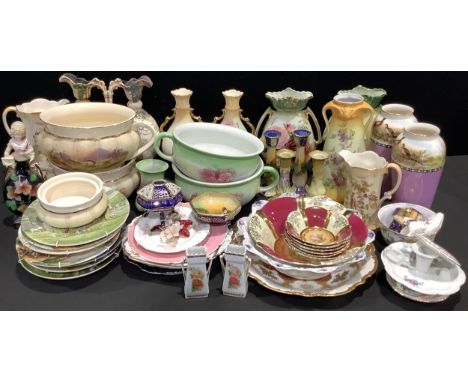 A pair of Crown Devon blush ivory twin handled vases, a Schwarzenhammer fruit service for six, other German porcelain, etc (q