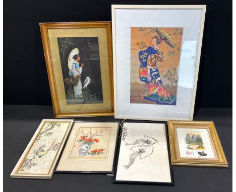 Small collection of Oriental prints, paintings and needlework including F Ridgway-oriental painting c.1920 Geisha with a para
