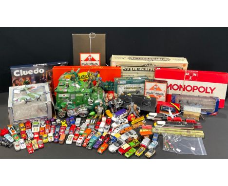Toys - model cars, mostly playworn; a Corgi Classics Derby Bus Corporation, 34703, boxed; a USS Wisconsin 1945 model ship, bo