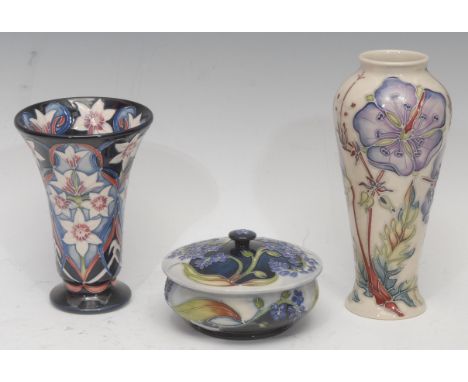 A Moorcroft vase decorated in the Meadow Cranesbill pattern designed by Emma Bossons, 21cm high, trumpet vase ‘Atlantica’ pat