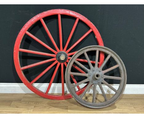 Salvage &amp; Reclamation - a vintage cart wheel or wagon wheel, 92cm diameter; another, 61.5cm diameter (2)