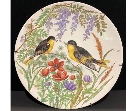 An Aesthetic Movement charger, possibly Howell &amp; James, painted with songbirds and flowers, 43cm diam, c.1880