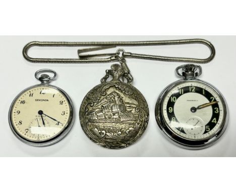A Santima locomotive hunter pocket watch on chain, white dial, Roman numerals, 17 jewel movement, 48mm case; others, an Art D