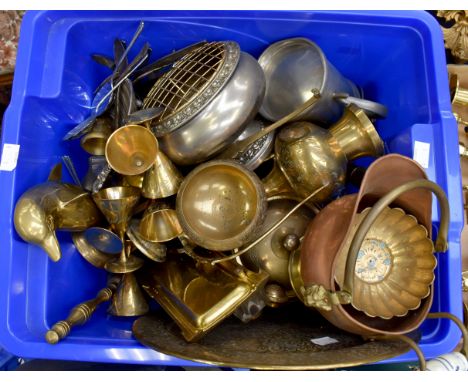 A collection of brass and copper including small scales; shell shaped dish (white metal); Middle Eastern teapot glasses and s
