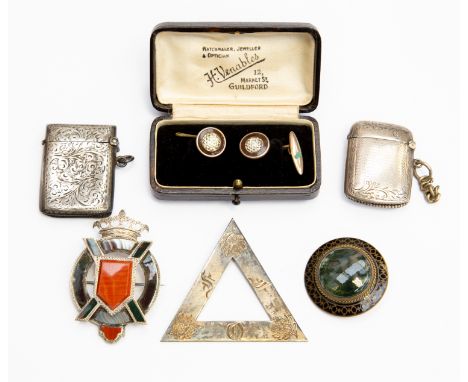 A Scottish silver agate brooch, with crown detail, a triangular pendant stamped L. Simpson &amp; Co, along with an enamel and