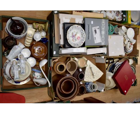 Mixed lot of ceramics to include Stone ware jars, cups, saucers, pair of bisque male and female figures, commemorative mugs, 