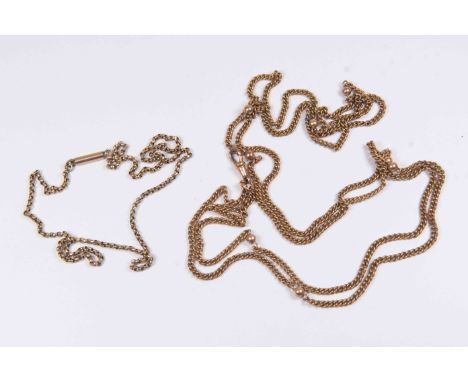 A yellow metal muff chain with ball details and a yellow metal tests as 9ct gold curb link chain, weight approx 6.4gms (2)