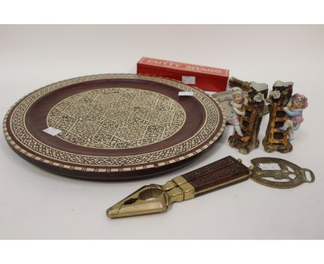 Mid Century mother of pearl parquetry inlay circular tray, miniature brass telescope nut cracker other small brassware items 