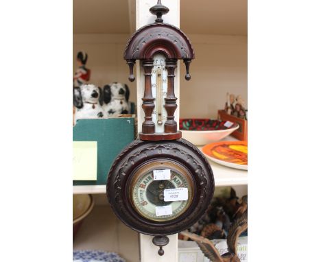 A late Victorian small sized wall barometer and thermometer