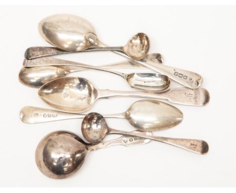 A George III Fiddle pattern caddy spoon, London, 1815 together with various condiment spoons, various dates and makers (1 bag