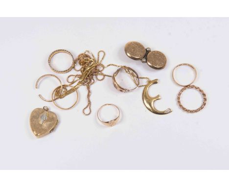 A collection of gold items to include two 22ct gold wedding bands, one with 18ct white gold edges, with a combined total gros