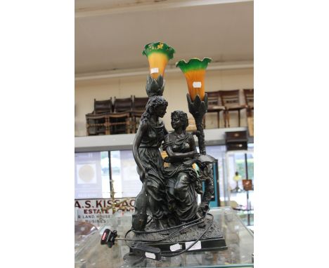 Resin neo classical table lamp depicting 2 females also with orange and green fluted glass shades approx 53cm high (1)