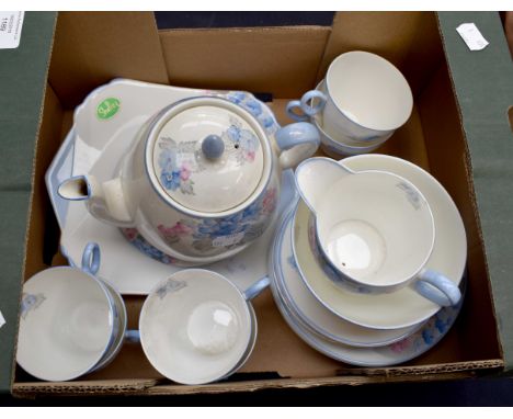 1930 Shelley tea set including teapot and stand, all complete, no chips or cracks, floral light blue and pink and white