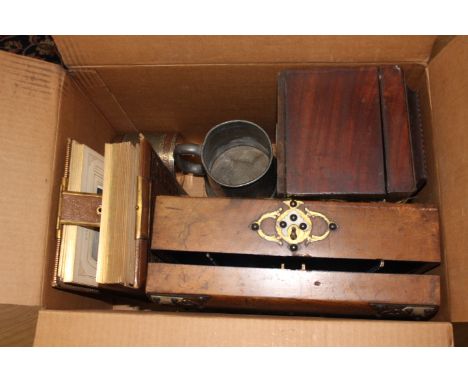 Tea caddy, walnut jewellery box, photograph album, pewter mug and canister and tea tray