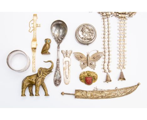 A collection of assorted jewellery and silverware, including a ladies gold plated Citizen wristwatch, an Art Nouveau white me