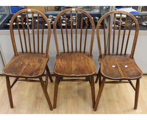 A part set of three elm seated stick back chairs, beech frames, early 20th Century (3)