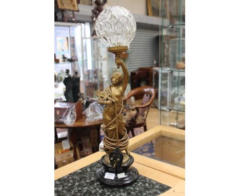 A Spelter figural lamp with glass shade