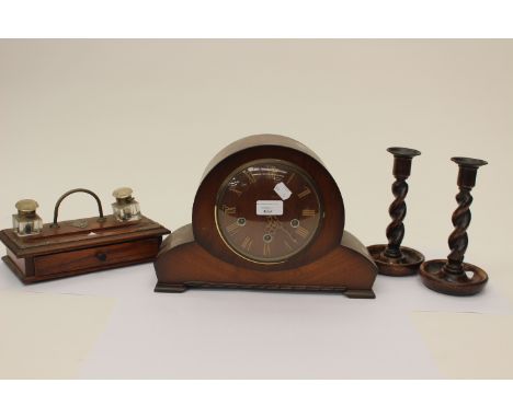 1930s mantle clock, oak ink stand and pair of candle sticks