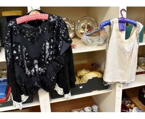 A collection of beaded tops; the silver sequined in mid 1950's; a cream iridescent top is 1970's; a black sequined top has ba