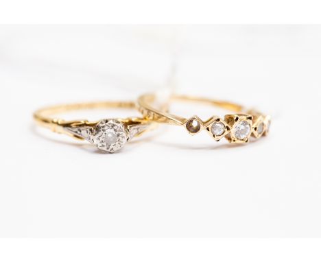 Two diamond set rings, comprising an 18ct gold solitaire total gross weight approx 2gms along with a five stone ring a/f size