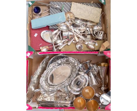 A collection of silver plate including silver teapot, goblets, bonbon dishes, milk jug, trays etc, plated flatware, some in b