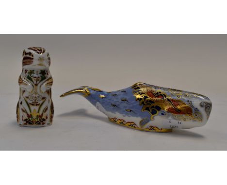 Royal Crown Derby paperweights to include; Chester Chipmunk with gold button and boxed, plus Oceanic Whale with gold button a