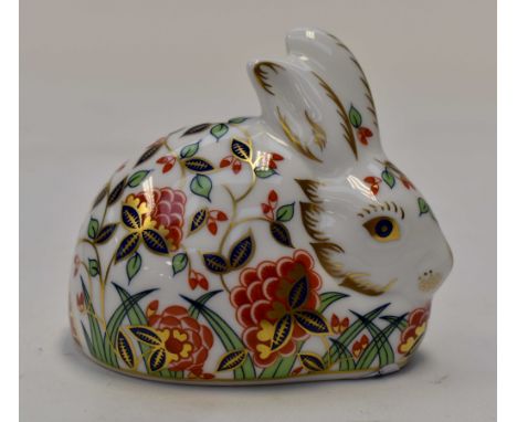 Royal Crown Derby meadow rabbit, paperweight, Imari pattern, gold stopper