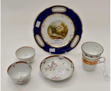 19th Century painted plate and cup 18th Century tea bowls and saucers