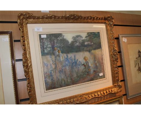 Water colour by E Thomas Hale of Victorian girls playing in field 